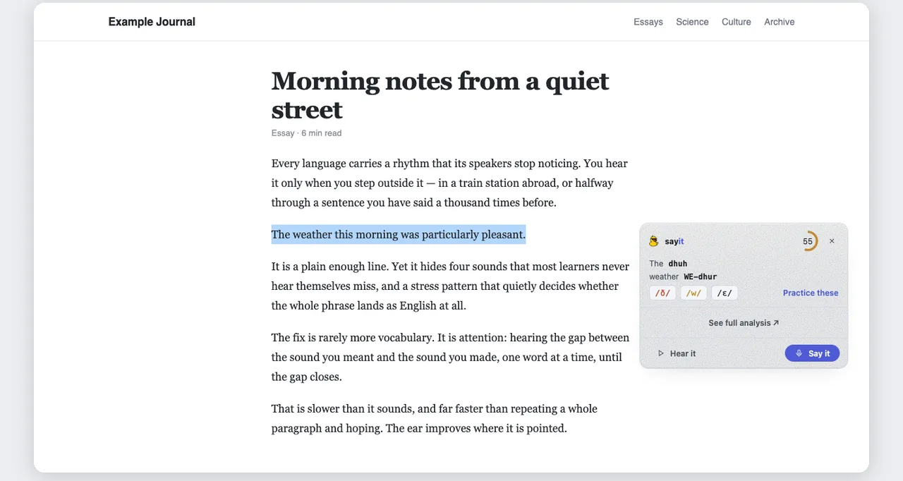 A news article in the browser with one sentence highlighted. The sayit panel sits beside it showing a score of 55, the sounds to fix as IPA tiles, and respellings for 'The' and 'weather'.