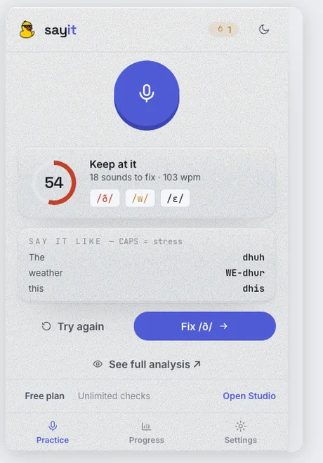 The sayit popup showing a score of 54, the sounds to fix, and a 'say it like' list respelling 'The' as dhuh and 'weather' as WE-dhur.