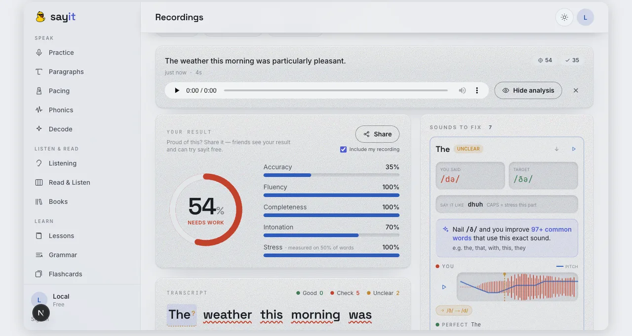 The sayit Studio recordings view: a saved take with playback, an overall score of 54 broken into accuracy, fluency, completeness, intonation and stress, and a per-word sounds-to-fix panel.