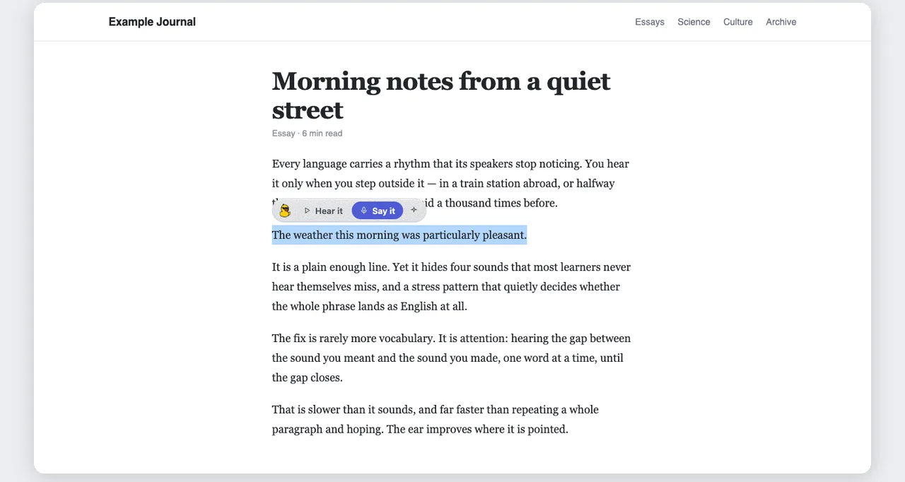 An article with a sentence highlighted and a compact sayit toolbar floating above it offering 'Hear it' and 'Say it'.